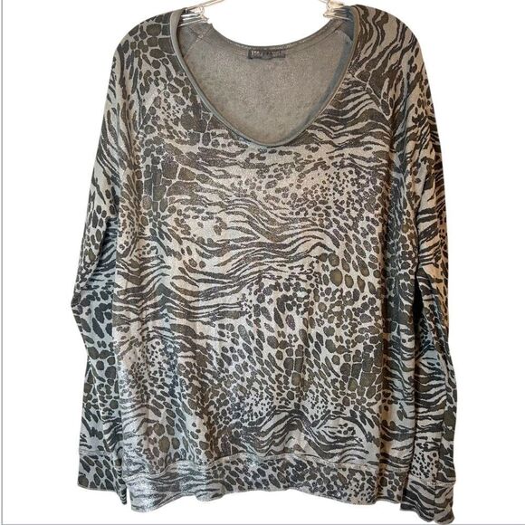 TEMPO PARIS WOMANS SWEATER M/L grey metallic silver zebra print Italy 9511n - Picture 1 of 12